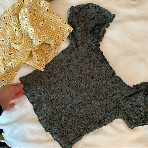 dark green off the shoulder lacey crop top - Picture 7 of 8